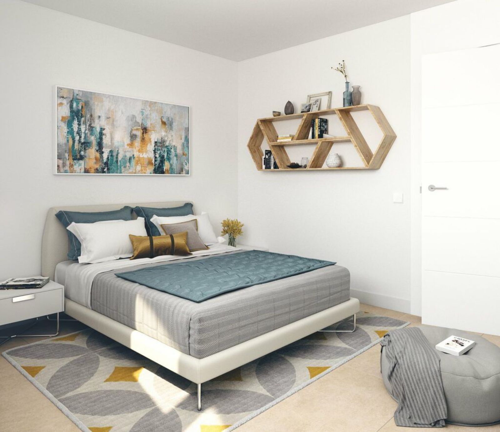 Chambre moderne avec murs blancs, tapis géométrique, art abstrait, et étagère hexagonale.