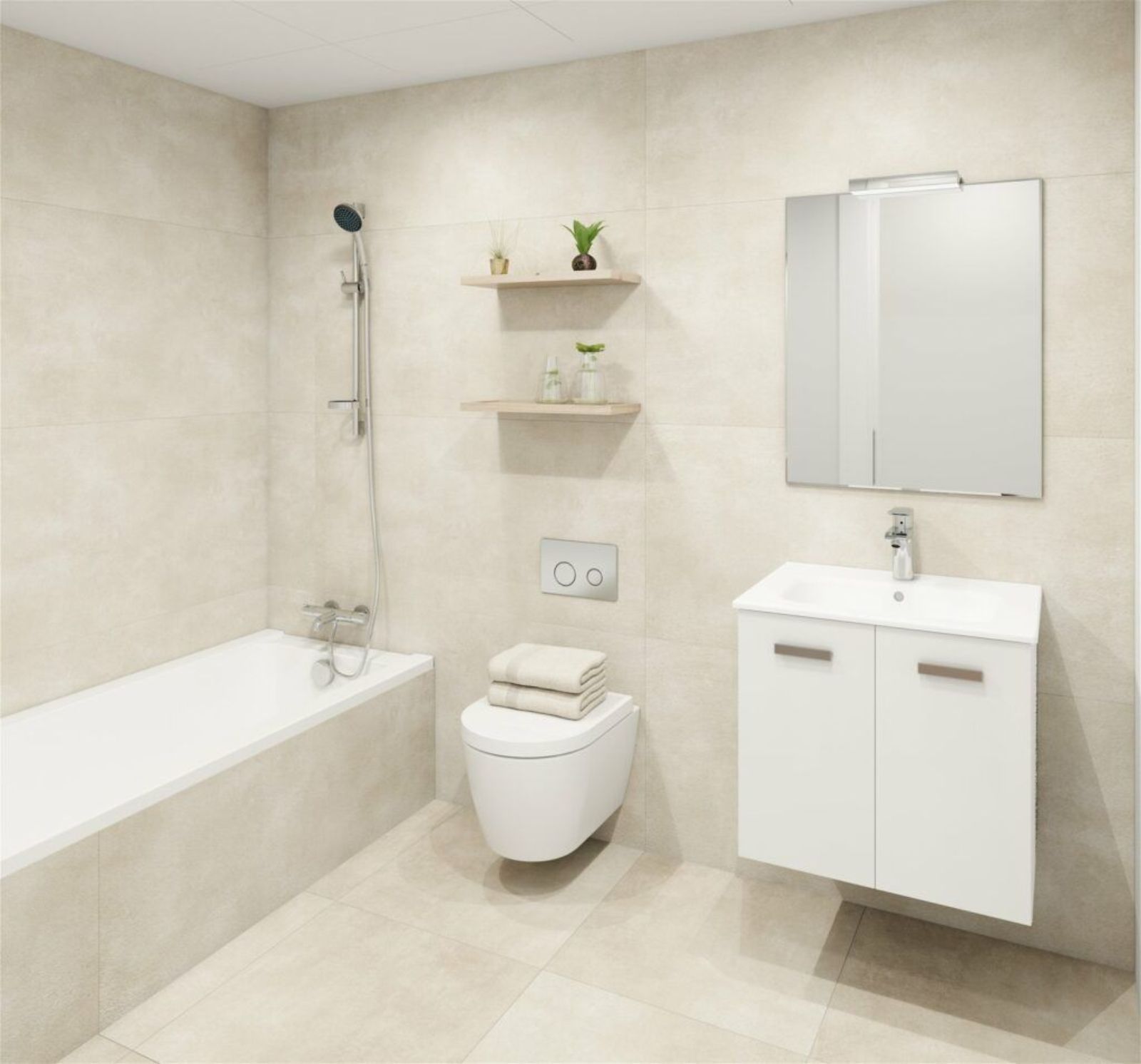 Salle de bain moderne avec vasque blanche, WC mural, baignoire, et murs carrelés.
